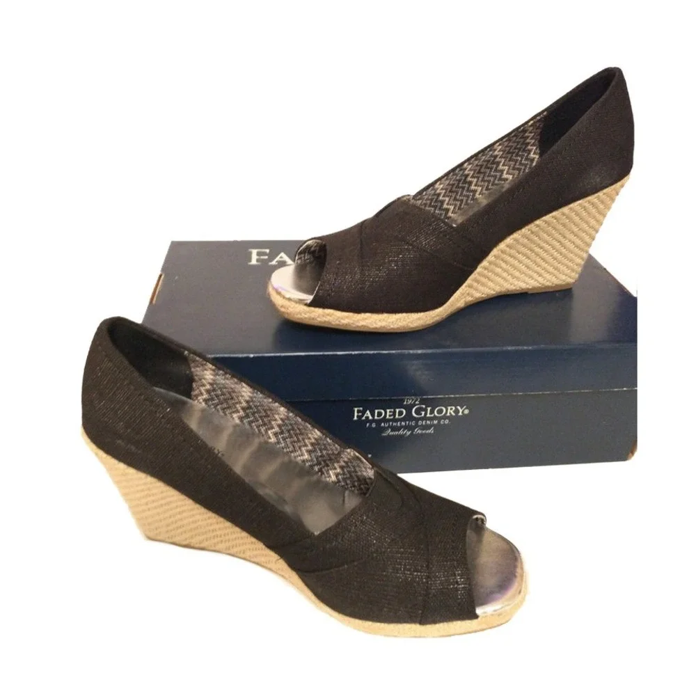 Faded Glory Ali Women Black Espadrille Wedge Heels Square Peep Toe Shoes Size 10